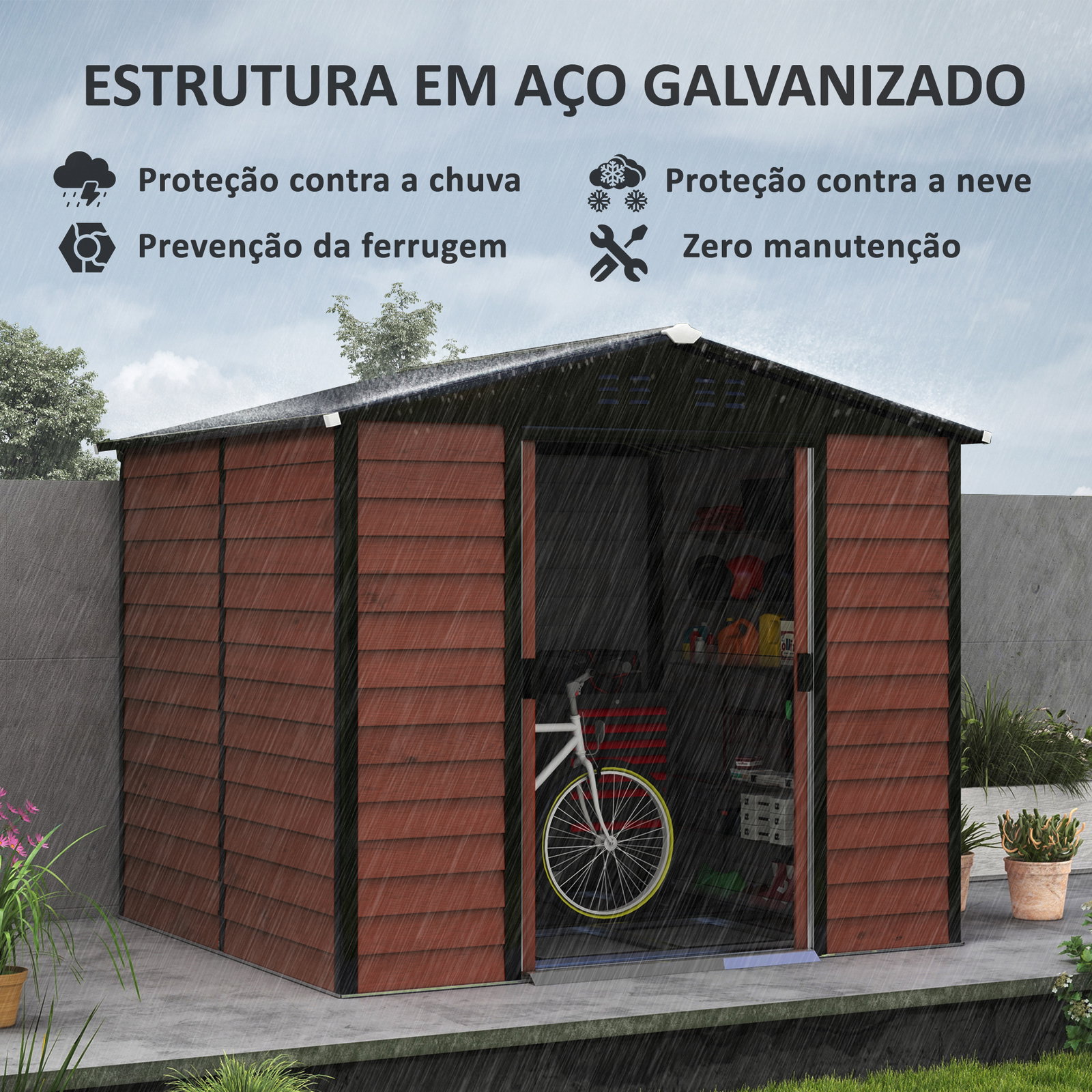 Abrigo de jardim exterior 4,4 m² 240x206x198 cm abrigo de jardim com porta de correr e fechadura teca