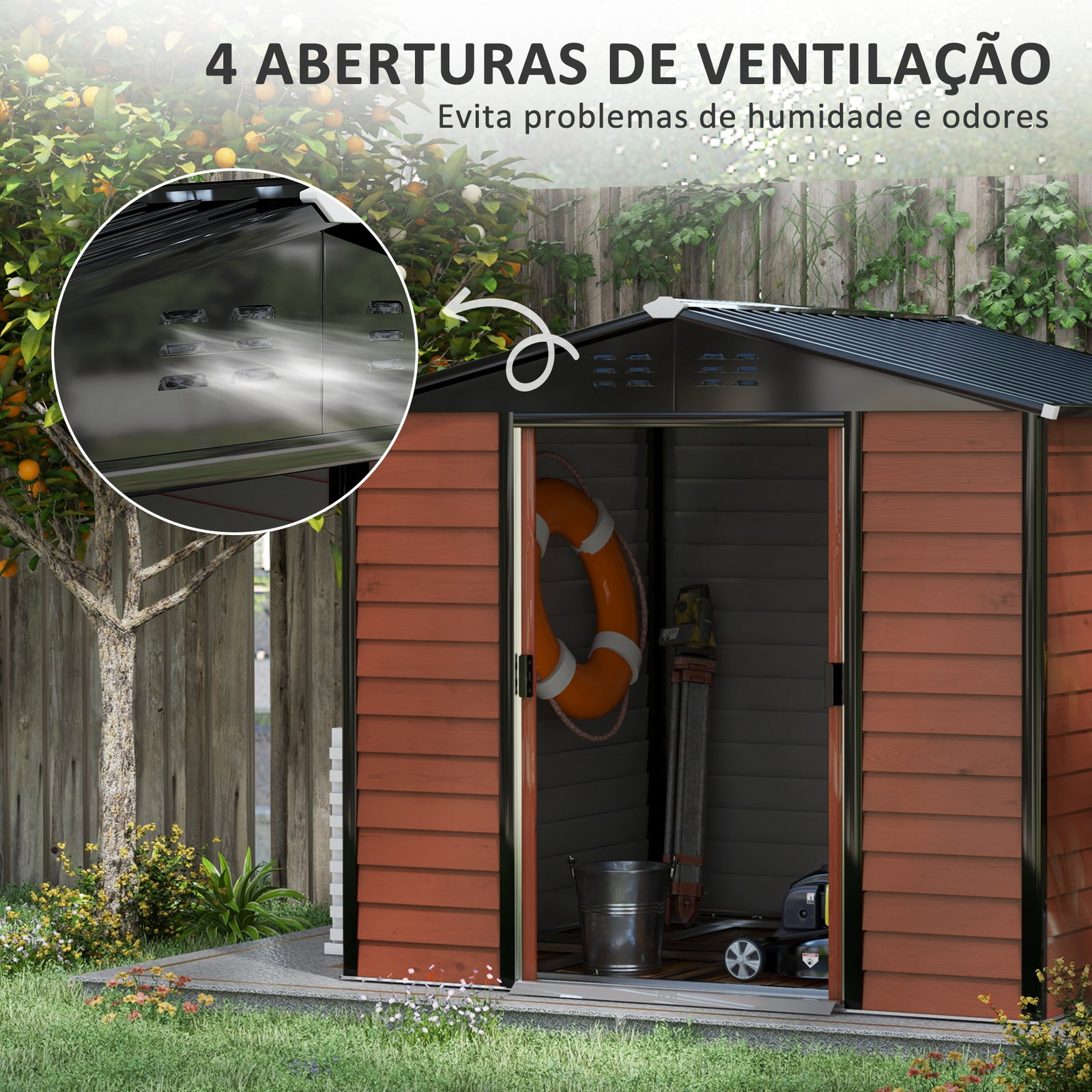 Abrigo de jardim exterior 4,4 m² 240x206x198 cm abrigo de jardim com porta de correr e fechadura teca