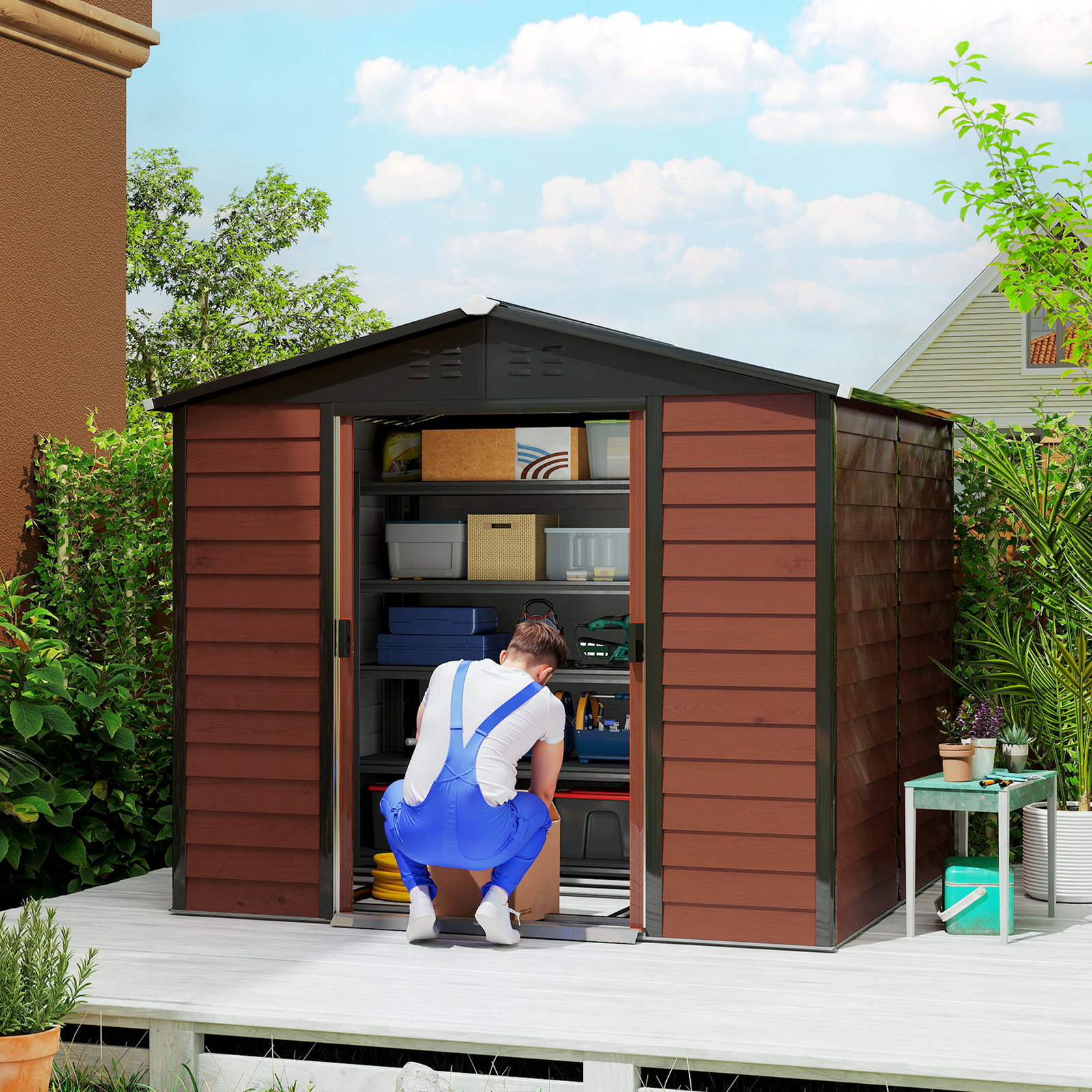 Abrigo de jardim exterior 4,4 m² 240x206x198 cm abrigo de jardim com porta de correr e fechadura teca