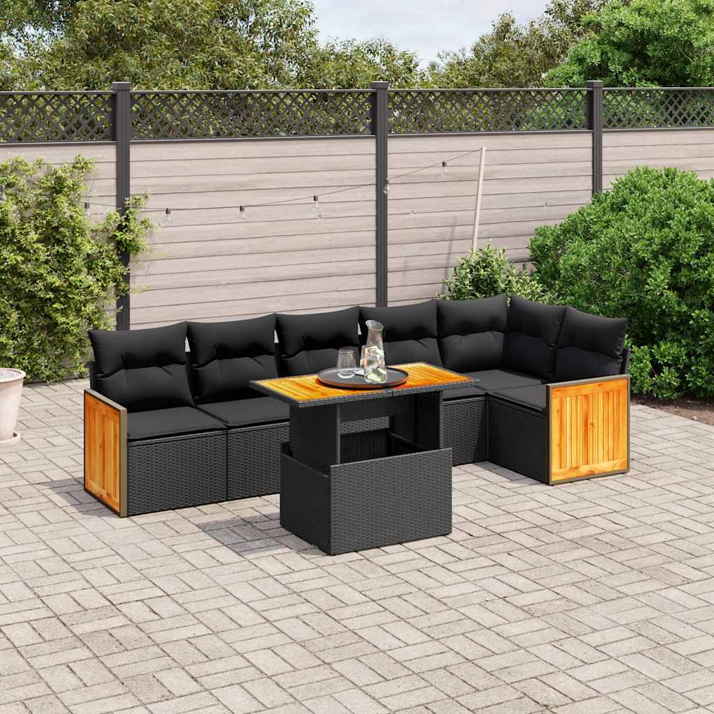 7 Pcs conjunto de sofás p/ jardim c/ almofadões vime PE preto