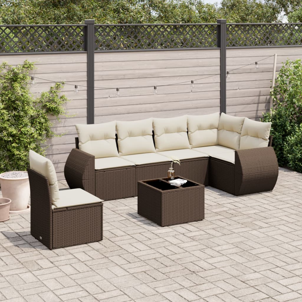 7 Pcs conjunto de sofás jardim c/ almofadões vime PE castanho