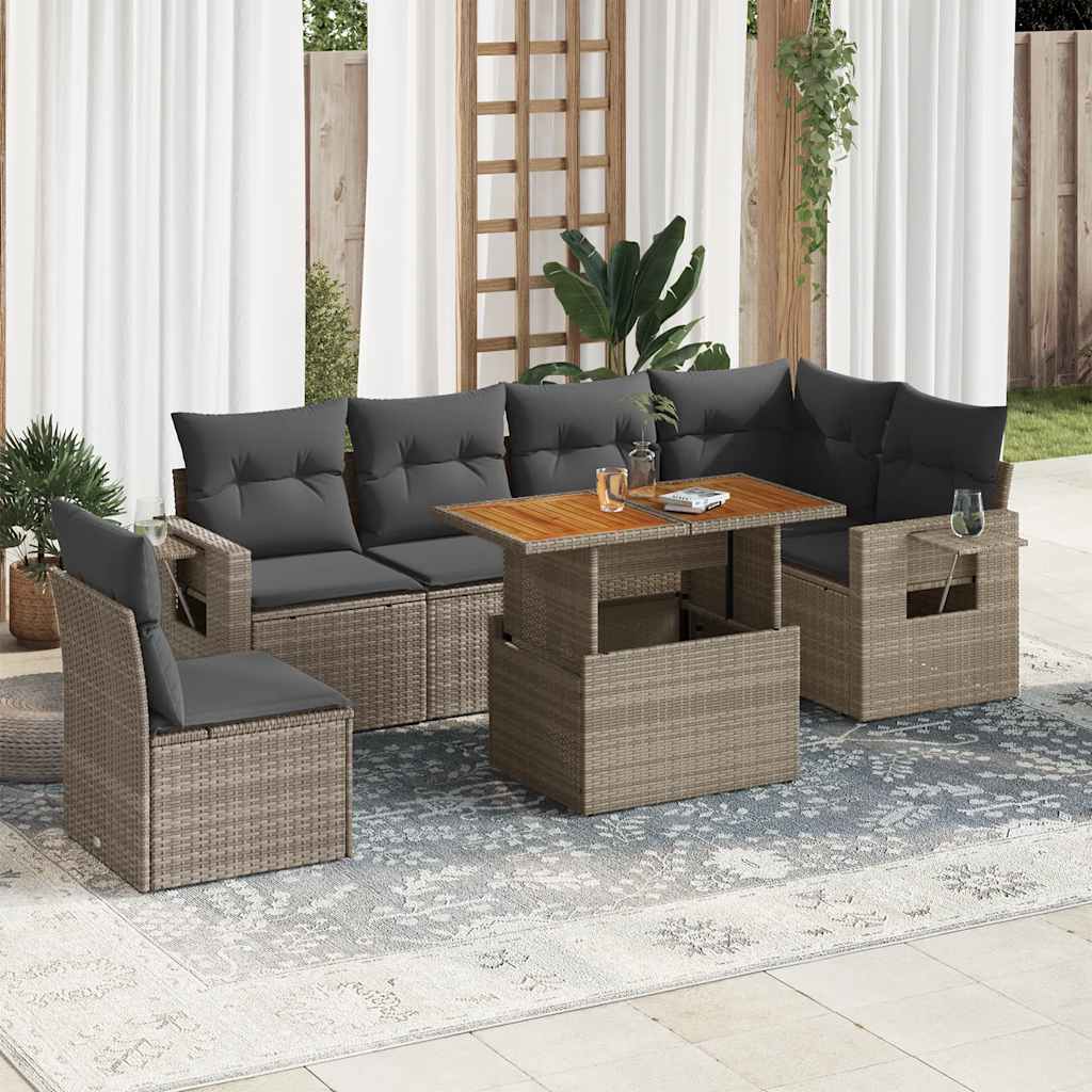 7 Pcs conjunto sofás p/ jardim c/ almofadões vime PE cinzento