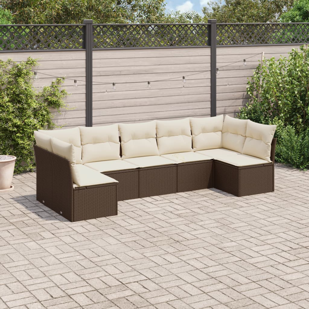 7 Pcs conjunto de sofás jardim c/ almofadões vime PE castanho