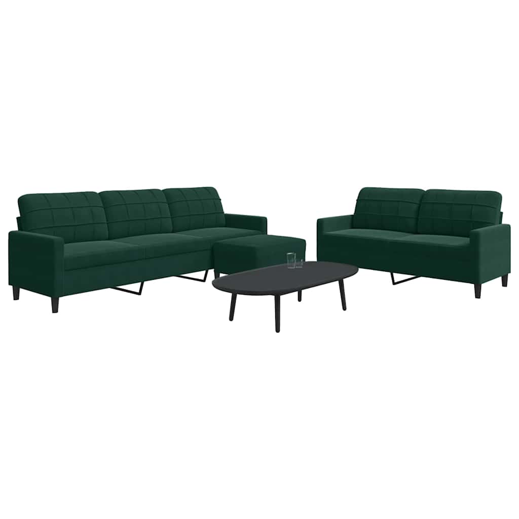 3 Pcs conjunto de sofás com almofadões veludo verde-escuro