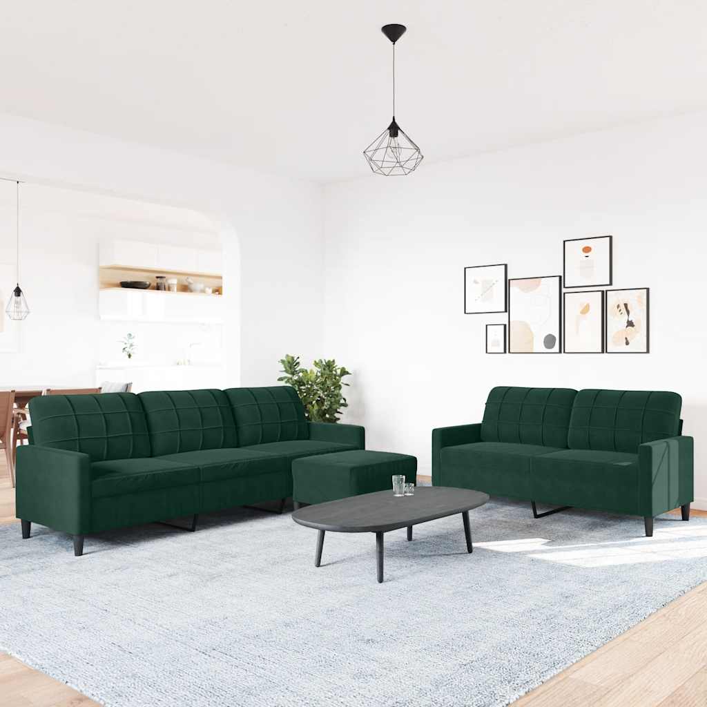 3 Pcs conjunto de sofás com almofadões veludo verde-escuro