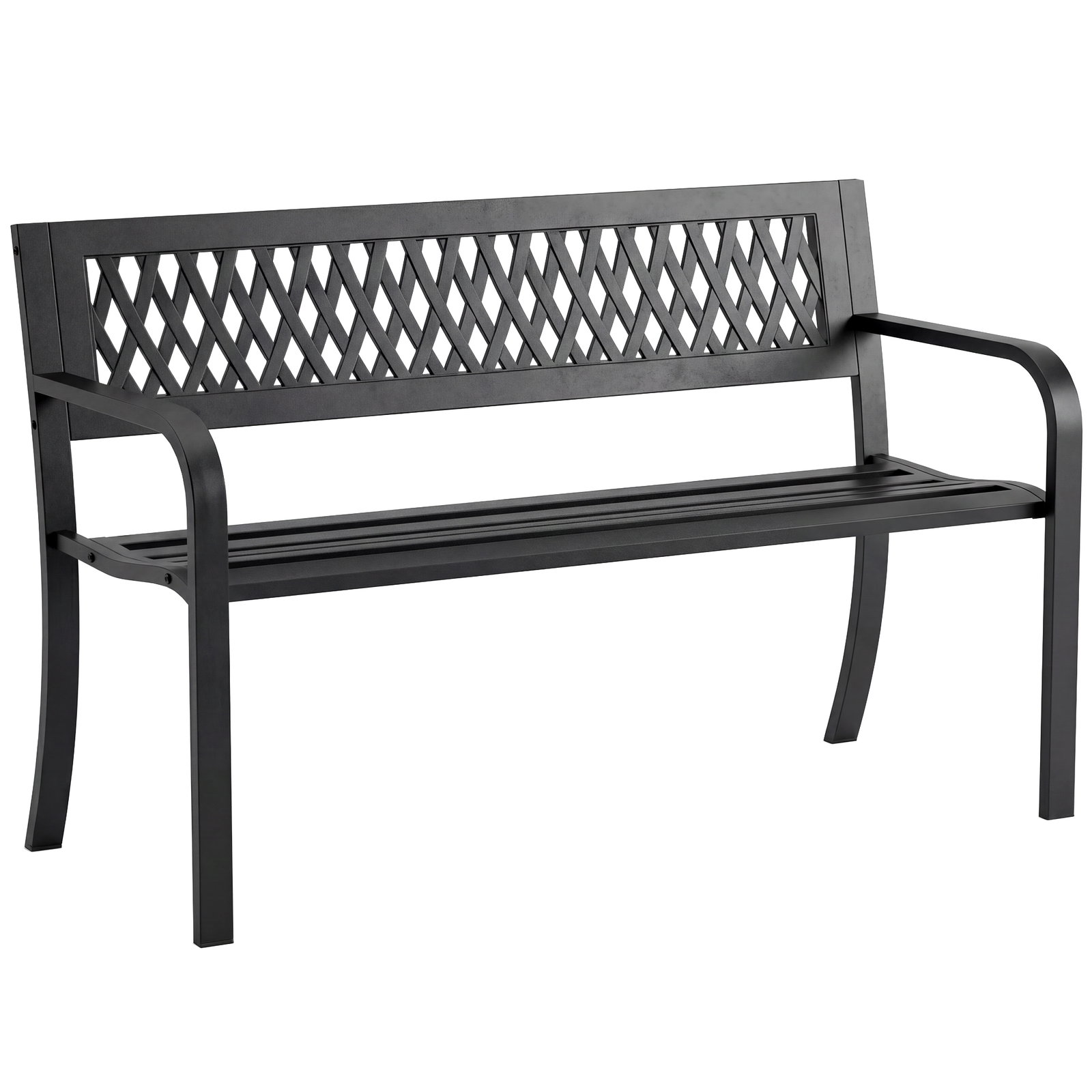 Banco de jardim exterior de 2 lugares com assento ripado, apoios de braço e estrutura de aço 119x50x75 cm preto