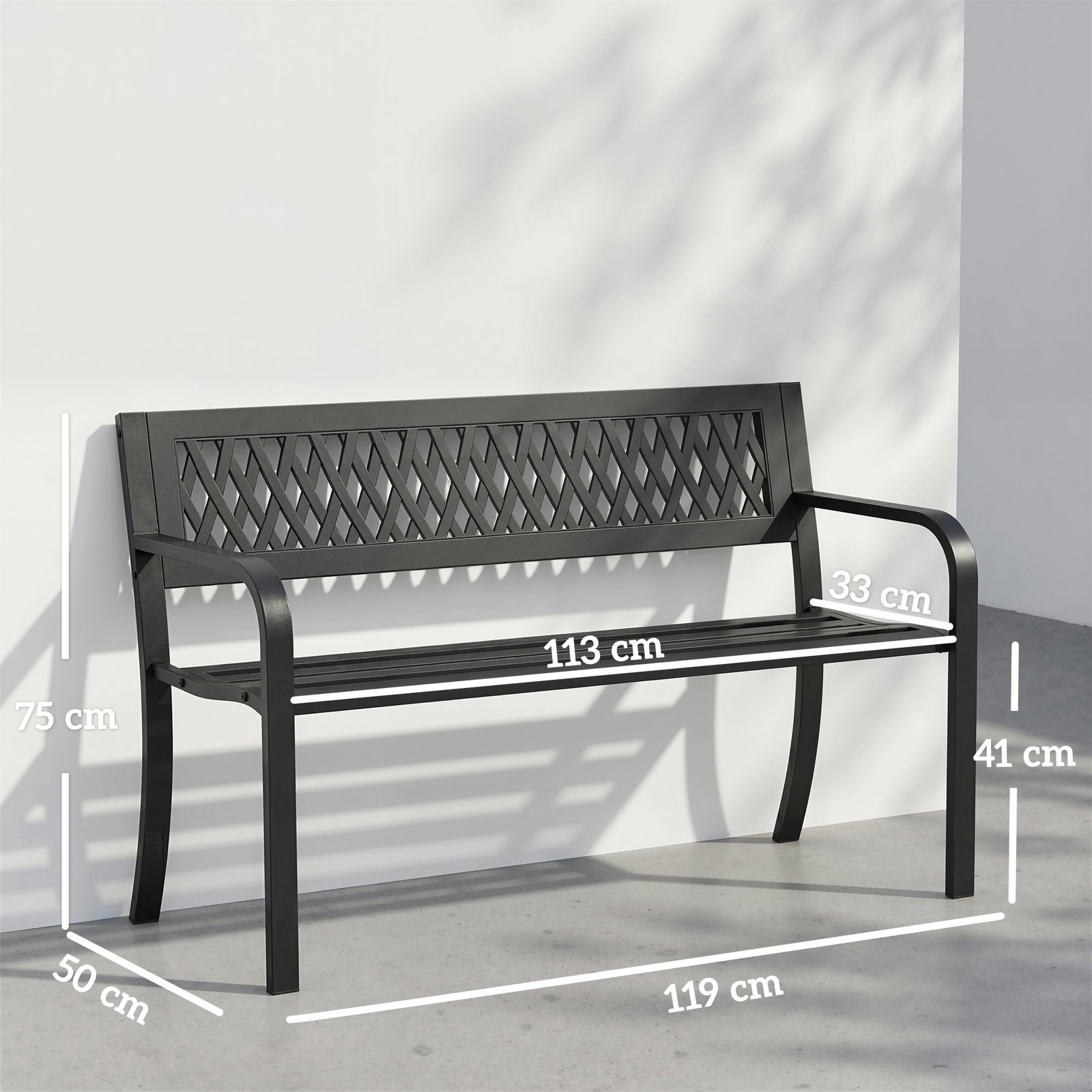 Banco de jardim exterior de 2 lugares com assento ripado, apoios de braço e estrutura de aço 119x50x75 cm preto