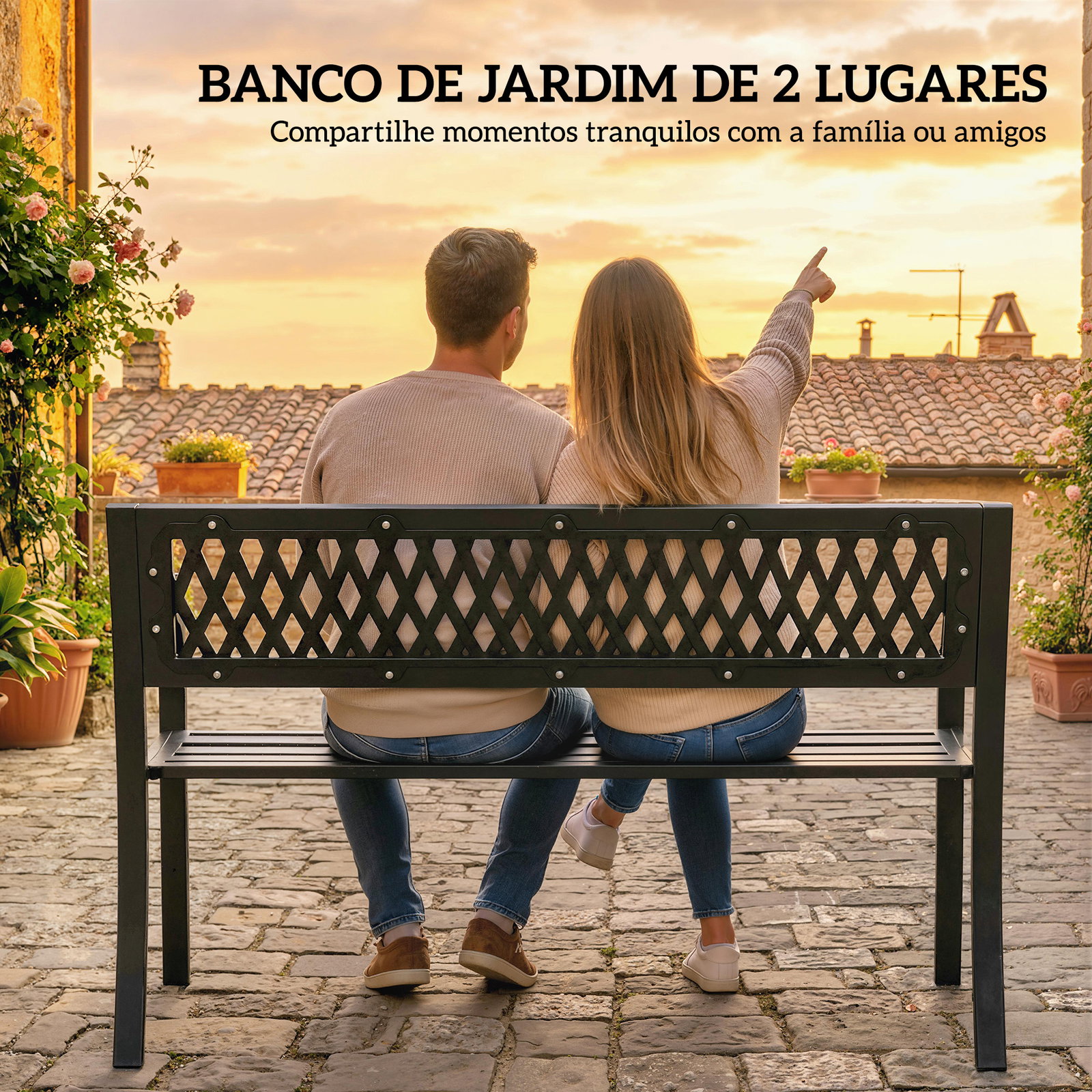 Banco de jardim exterior de 2 lugares com assento ripado, apoios de braço e estrutura de aço 119x50x75 cm preto