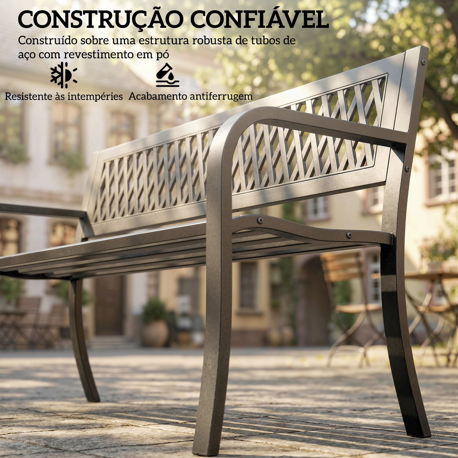 Banco de jardim exterior de 2 lugares com assento ripado, apoios de braço e estrutura de aço 119x50x75 cm preto
