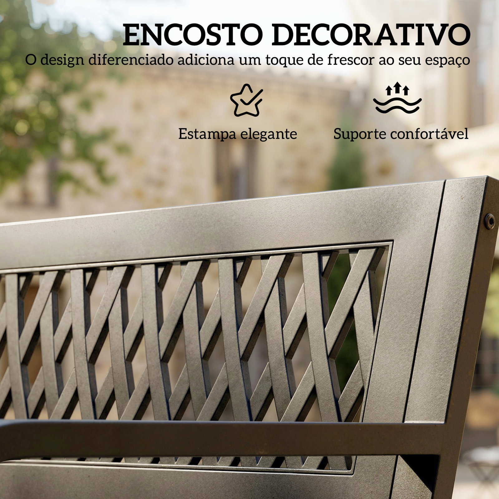 Banco de jardim exterior de 2 lugares com assento ripado, apoios de braço e estrutura de aço 119x50x75 cm preto