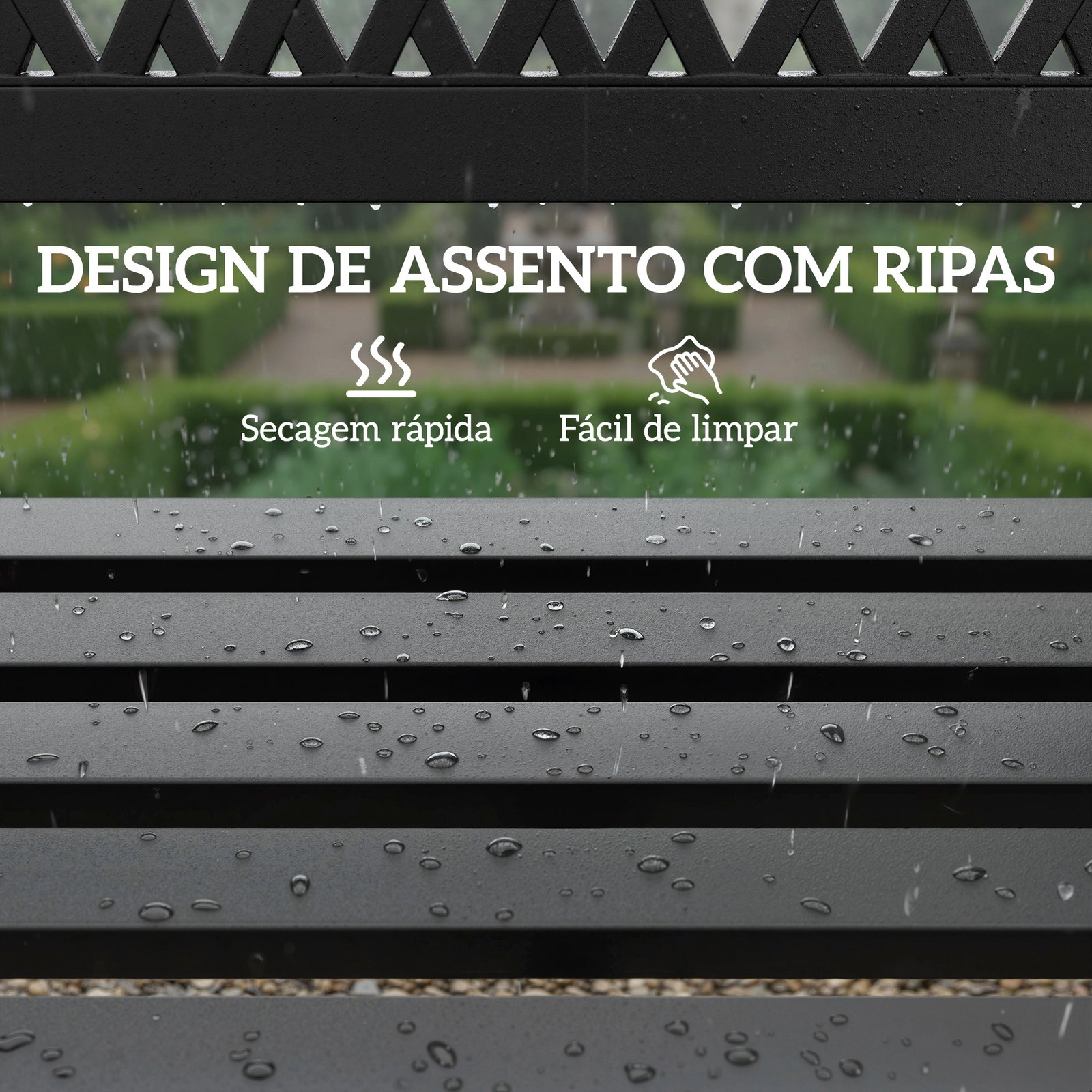 Banco de jardim exterior de 2 lugares com assento ripado, apoios de braço e estrutura de aço 119x50x75 cm preto