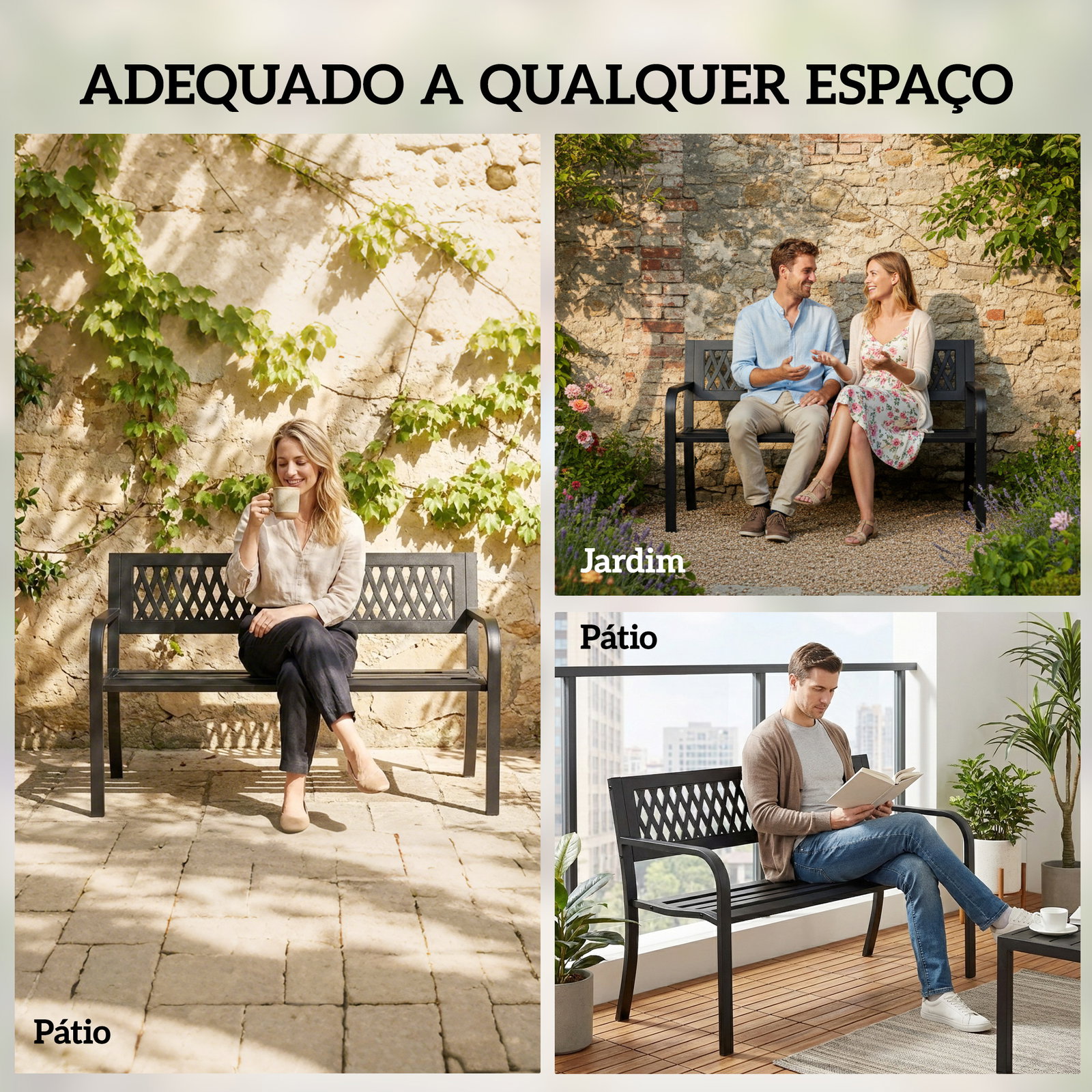 Banco de jardim exterior de 2 lugares com assento ripado, apoios de braço e estrutura de aço 119x50x75 cm preto