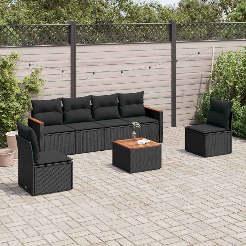 7 Pcs conjunto de sofás p/ jardim c/ almofadões vime PE preto