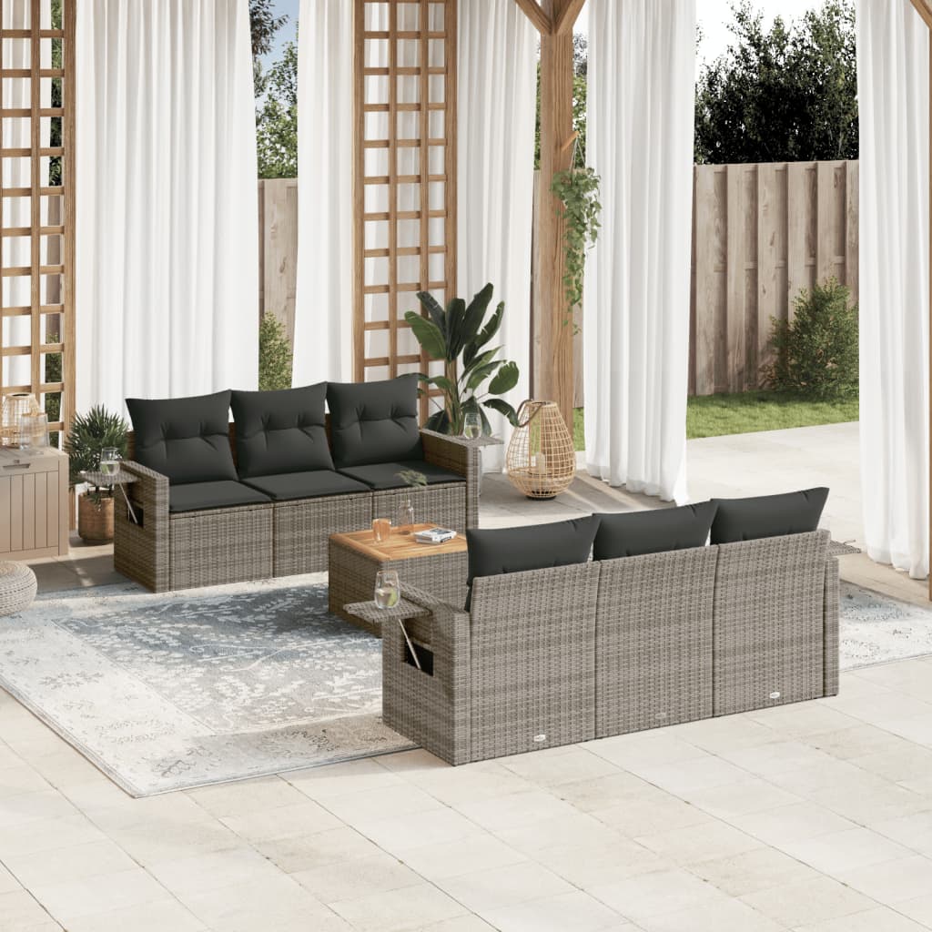 7 Pcs conjunto sofás p/ jardim c/ almofadões vime PE cinzento