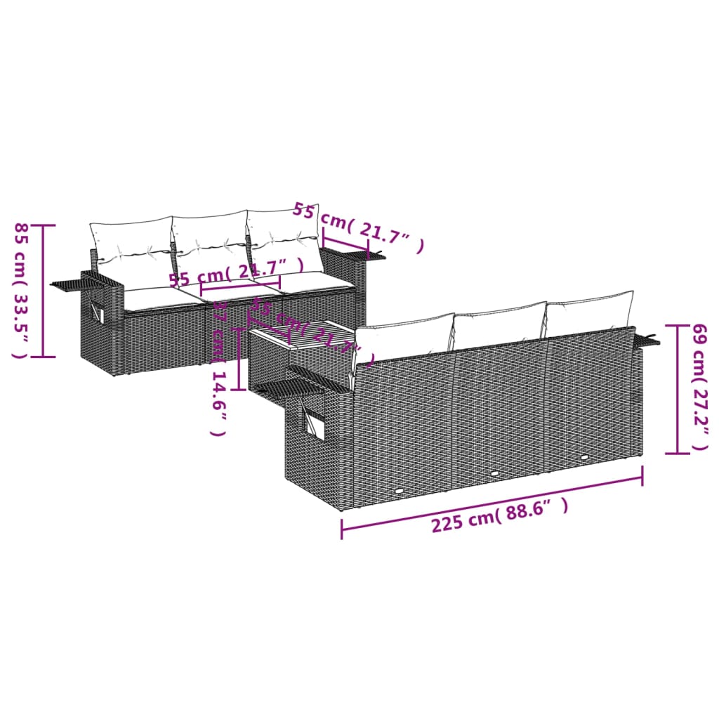 7 Pcs conjunto sofás p/ jardim c/ almofadões vime PE cinzento