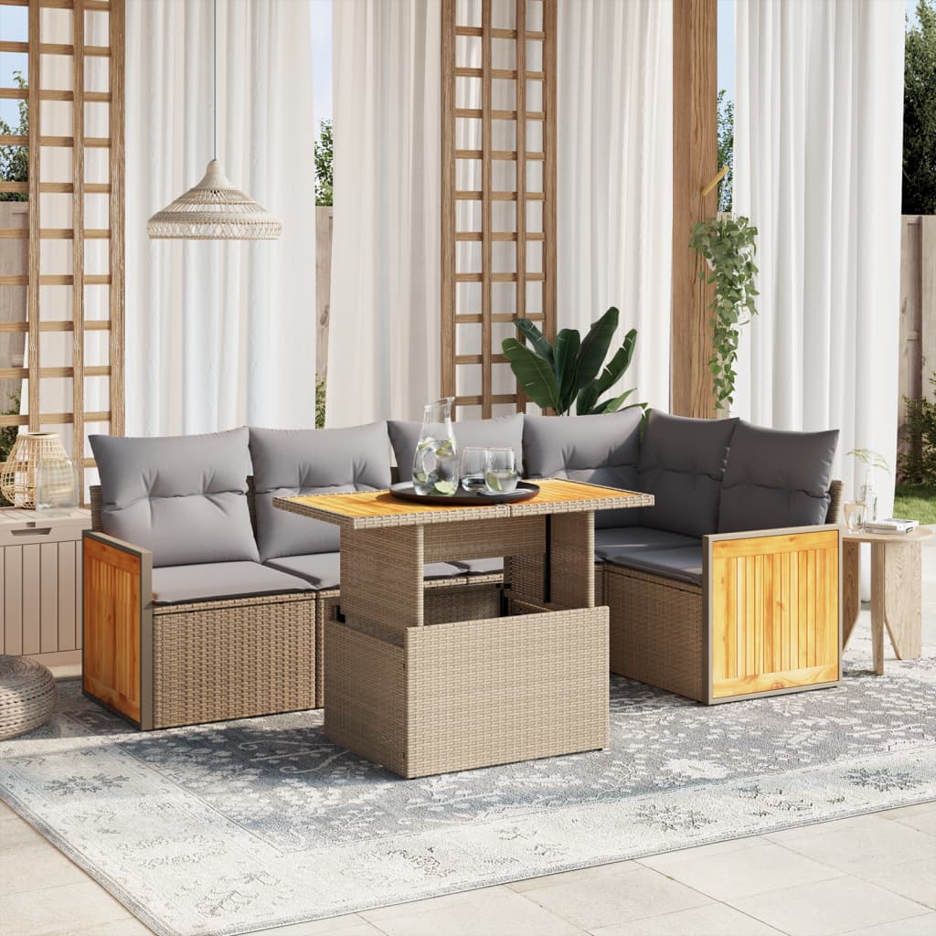 6 Pcs conjunto de sofás p/ jardim com almofadões vime PE bege