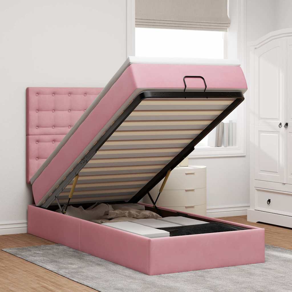 Estrutura de cama otomana com colchões rosa 90x200cm veludo