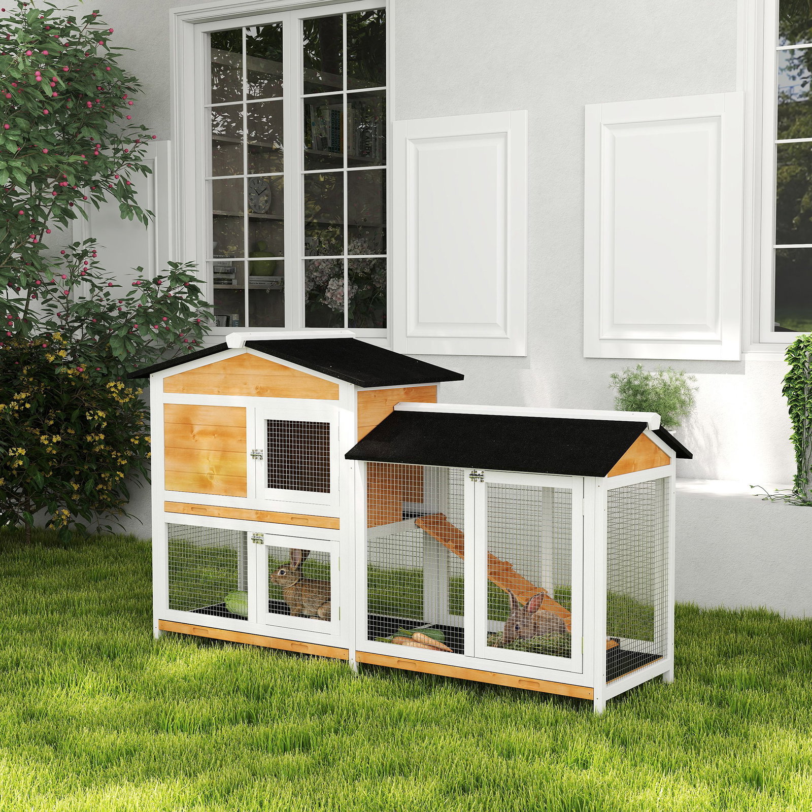 Coelheira de madeira exterior gaiola para coelhos de 2 níveis com teto asfáltico 2 cercados de metal bandeja removível 3 portas e rampa 157,4x53x93,5cm natural