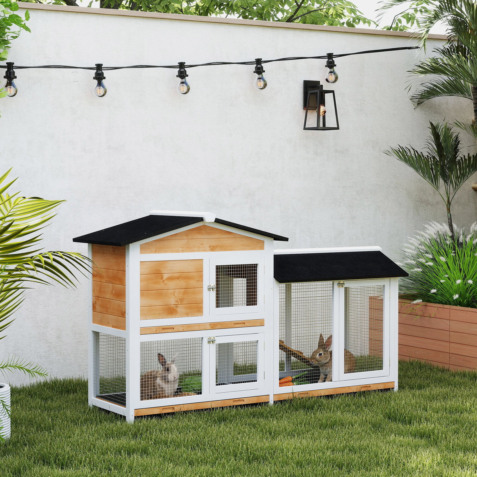 Coelheira de madeira exterior gaiola para coelhos de 2 níveis com teto asfáltico 2 cercados de metal bandeja removível 3 portas e rampa 157,4x53x93,5cm natural