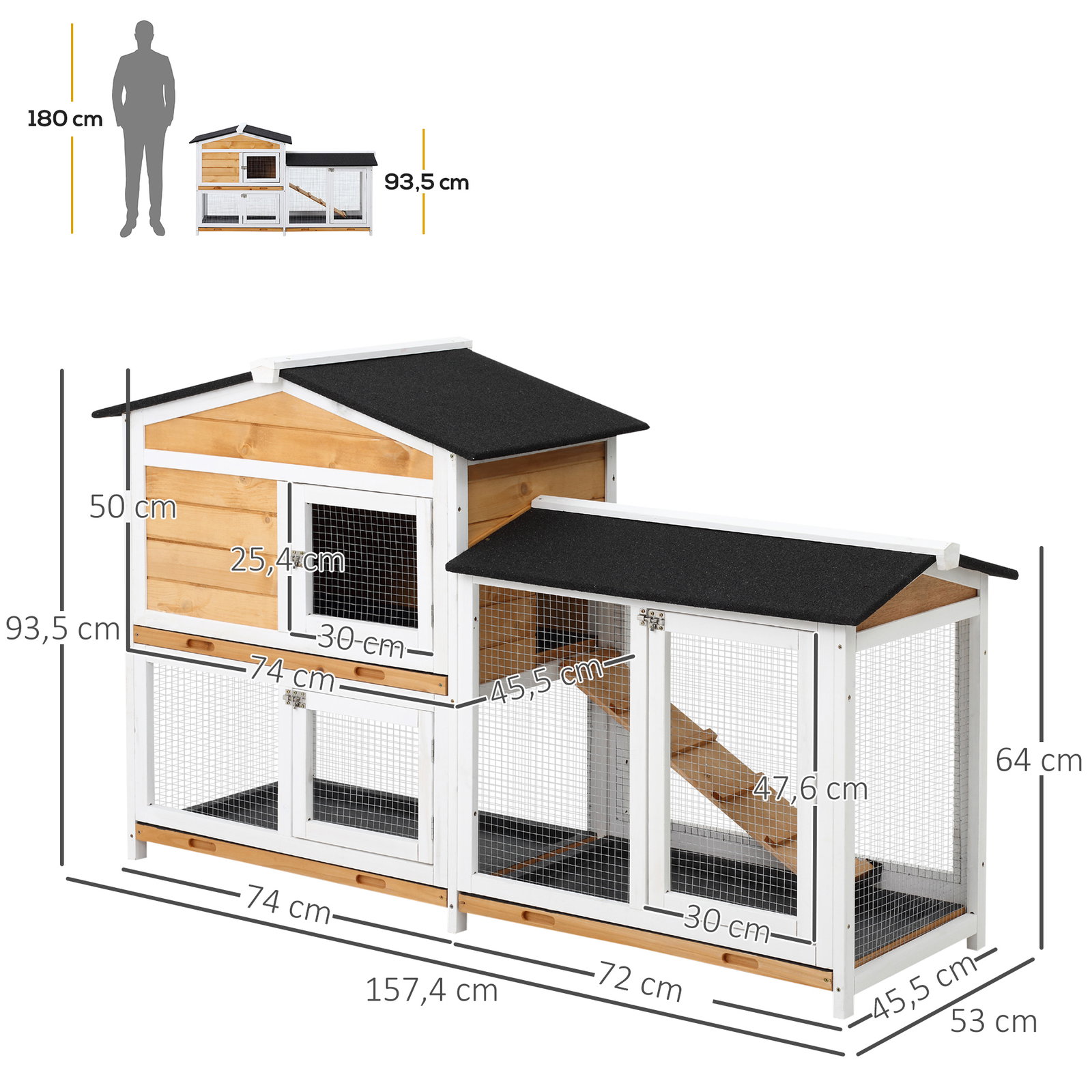 Coelheira de madeira exterior gaiola para coelhos de 2 níveis com teto asfáltico 2 cercados de metal bandeja removível 3 portas e rampa 157,4x53x93,5cm natural