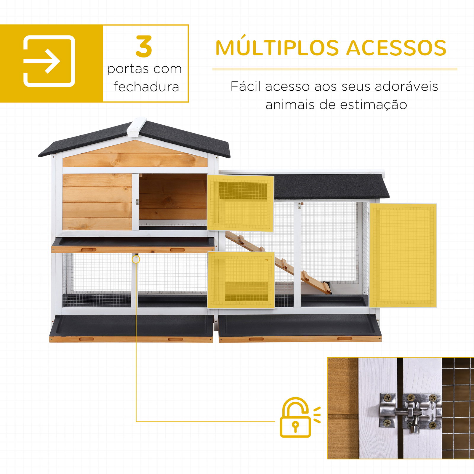 Coelheira de madeira exterior gaiola para coelhos de 2 níveis com teto asfáltico 2 cercados de metal bandeja removível 3 portas e rampa 157,4x53x93,5cm natural