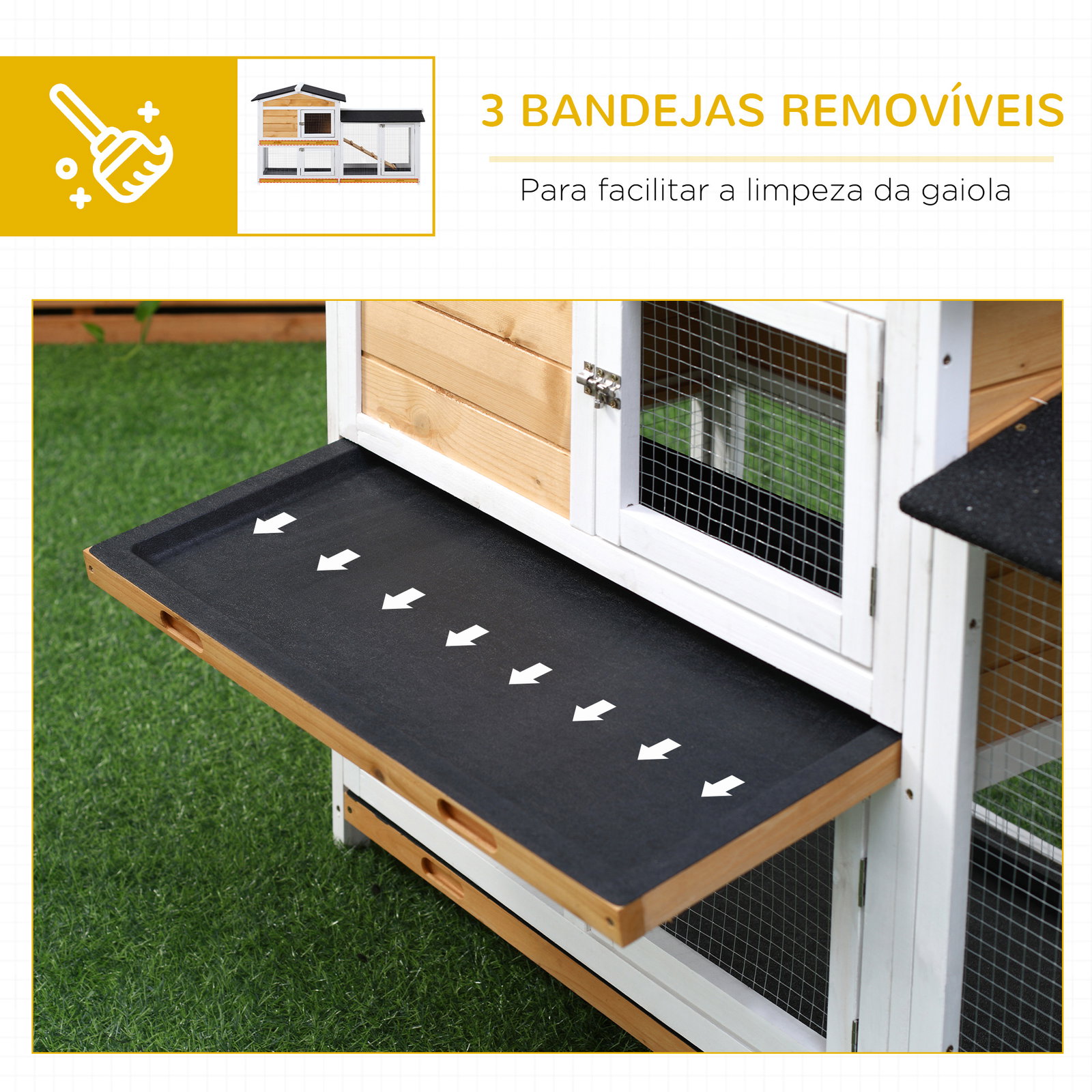 Coelheira de madeira exterior gaiola para coelhos de 2 níveis com teto asfáltico 2 cercados de metal bandeja removível 3 portas e rampa 157,4x53x93,5cm natural