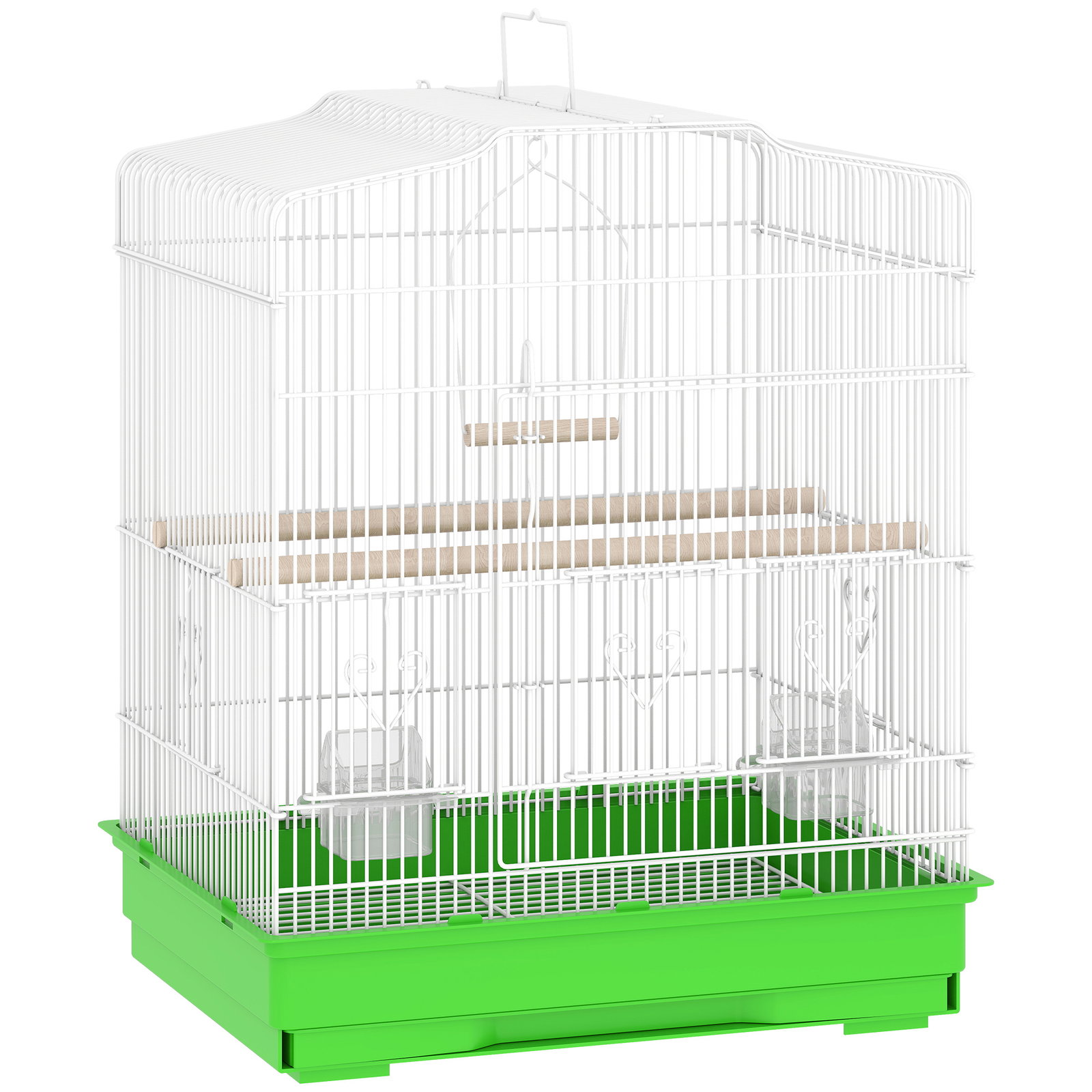 Gaiola para pássaros gaiola de aço com 2 alimentadores 2 poleiros baloiço e bandeja removível pega 46,5x36x59 cm verde