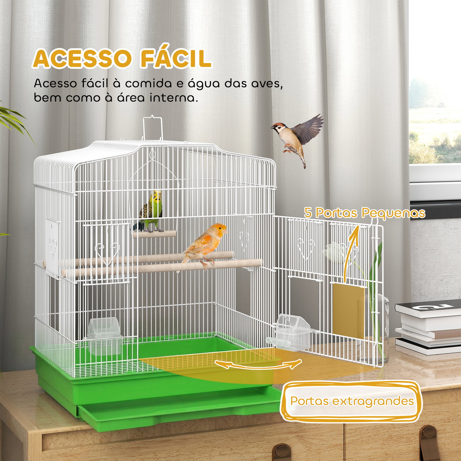 Gaiola para pássaros gaiola de aço com 2 alimentadores 2 poleiros baloiço e bandeja removível pega 46,5x36x59 cm verde