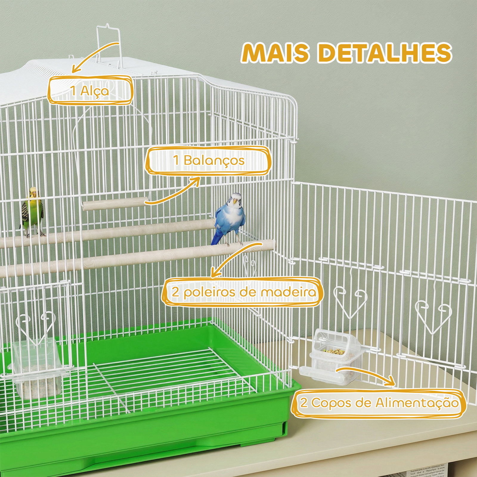 Gaiola para pássaros gaiola de aço com 2 alimentadores 2 poleiros baloiço e bandeja removível pega 46,5x36x59 cm verde