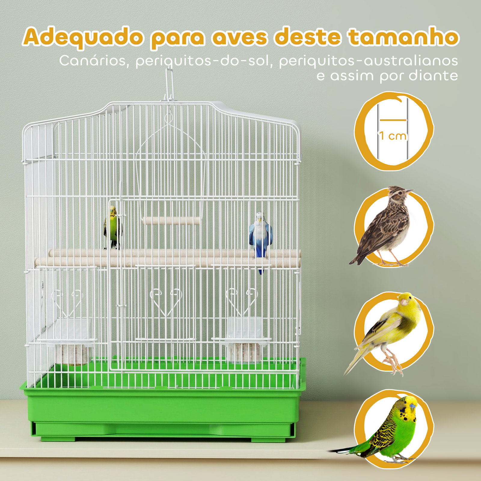 Gaiola para pássaros gaiola de aço com 2 alimentadores 2 poleiros baloiço e bandeja removível pega 46,5x36x59 cm verde