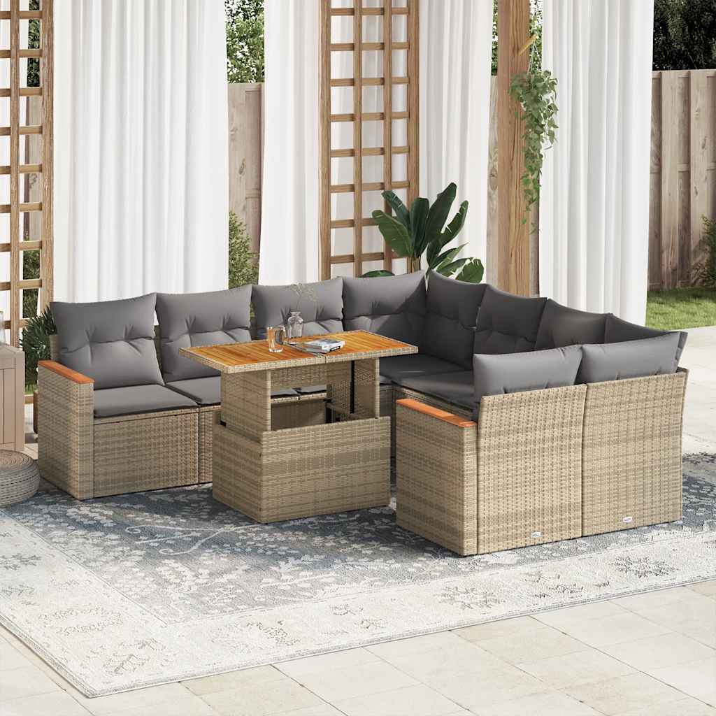 9 Pcs conjunto sofás jardim com almofadões vime PE/acácia bege