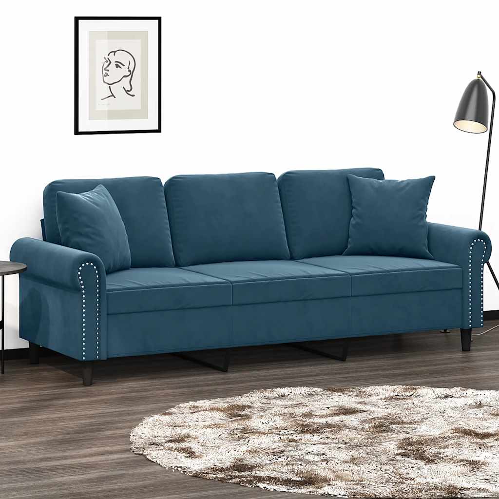 Sofá 3 lugares c/ almofadas decorativas 180 cm veludo azul