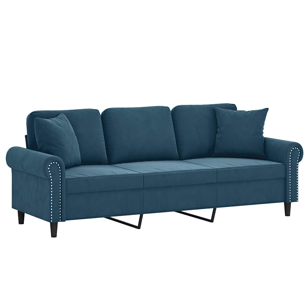 Sofá 3 lugares c/ almofadas decorativas 180 cm veludo azul