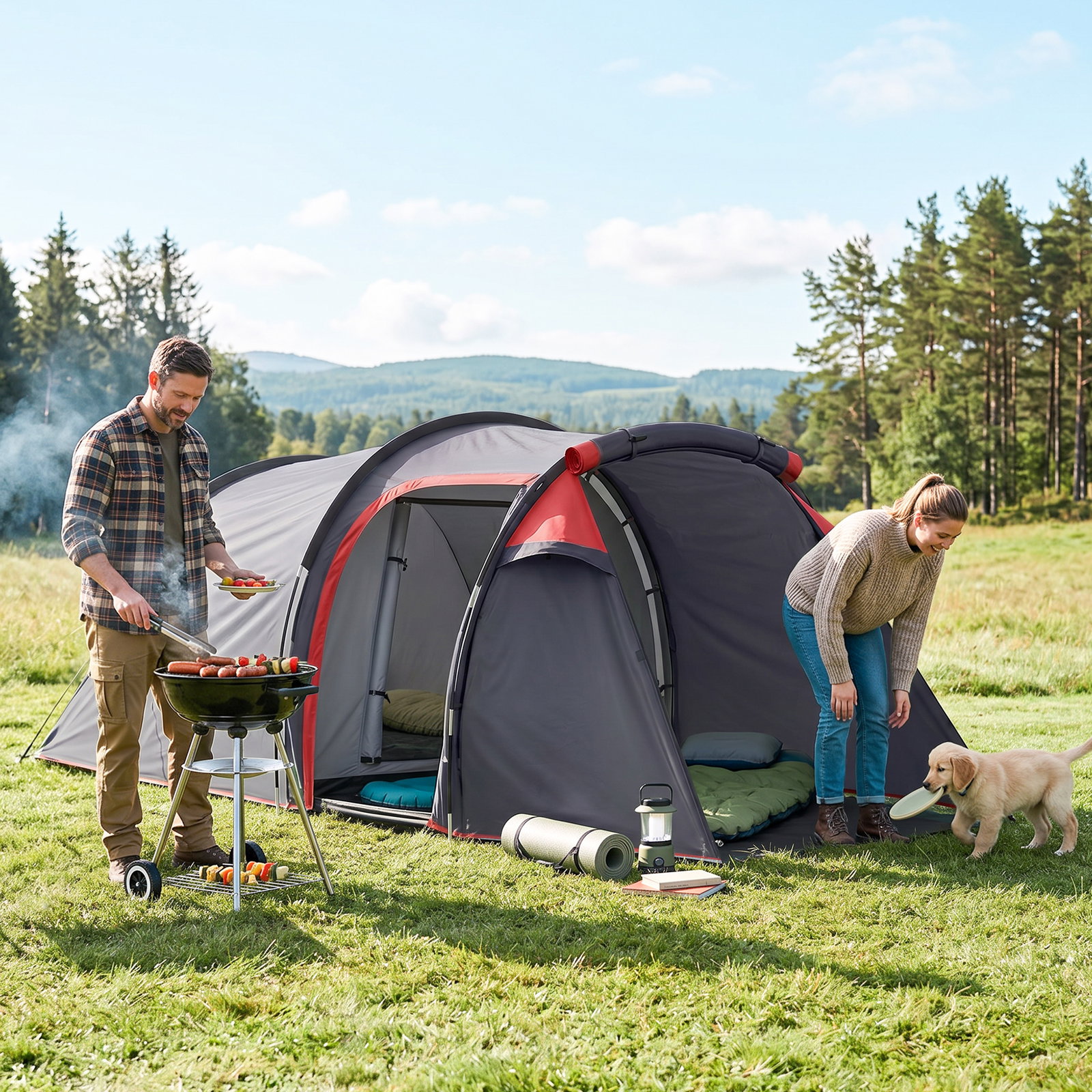 Tenda de campismo para 2-3 pessoas dobrável à prova d'agua e à prova de UV 20+ com vestíbulo 426x206x154 cm cinza escuro