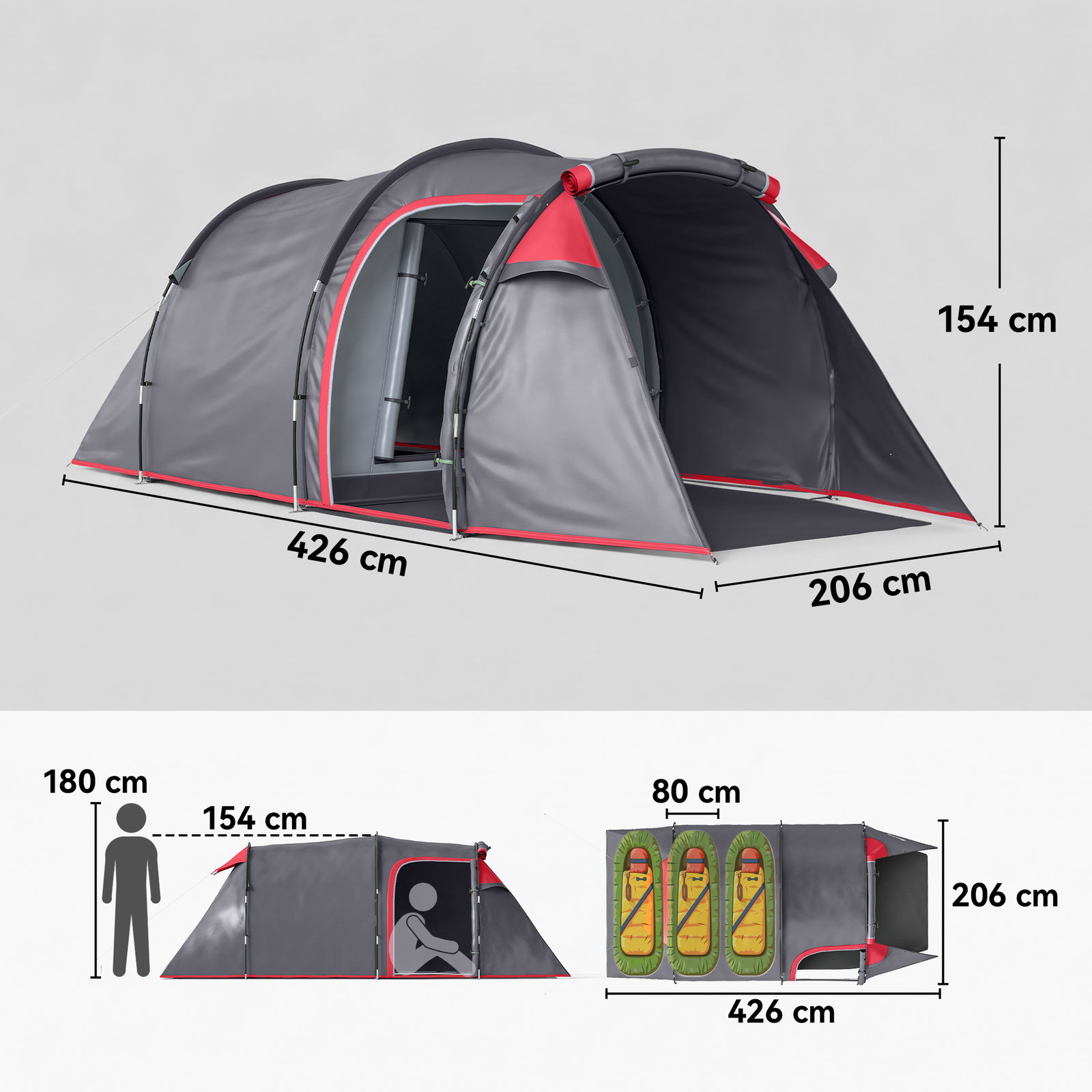 Tenda de campismo para 2-3 pessoas dobrável à prova d'agua e à prova de UV 20+ com vestíbulo 426x206x154 cm cinza escuro
