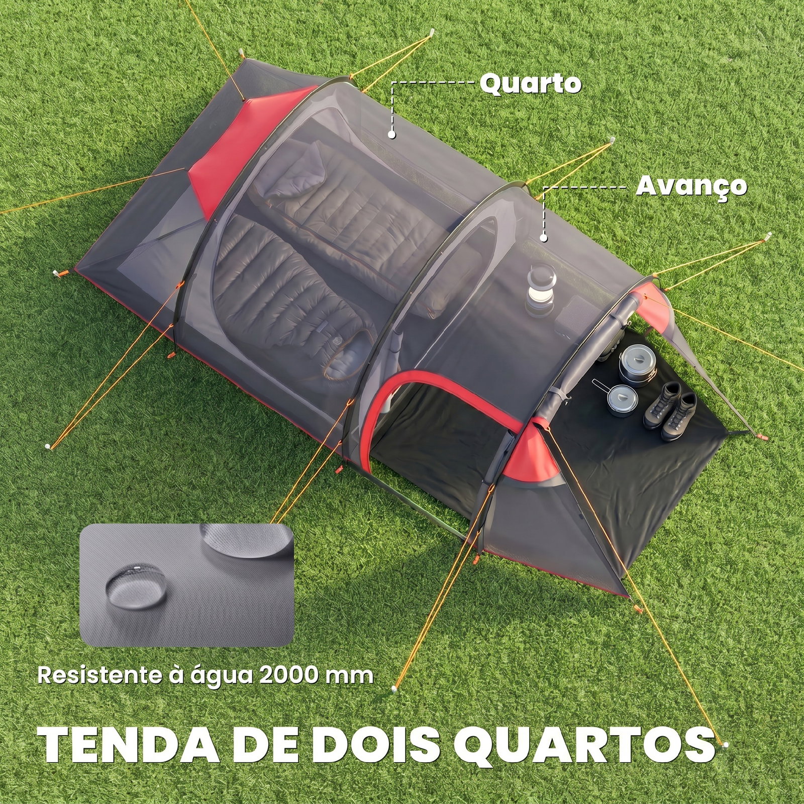 Tenda de campismo para 2-3 pessoas dobrável à prova d'agua e à prova de UV 20+ com vestíbulo 426x206x154 cm cinza escuro