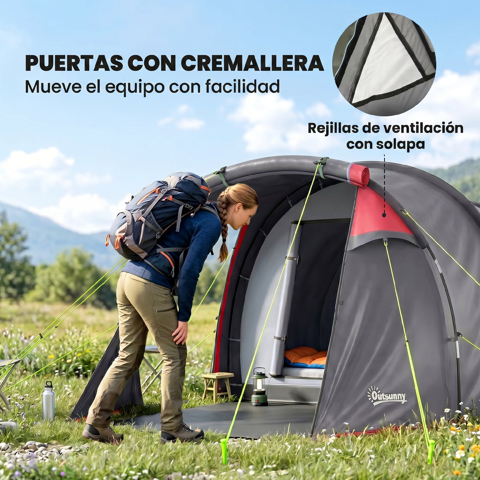 Tenda de campismo para 2-3 pessoas dobrável à prova d'agua e à prova de UV 20+ com vestíbulo 426x206x154 cm cinza escuro