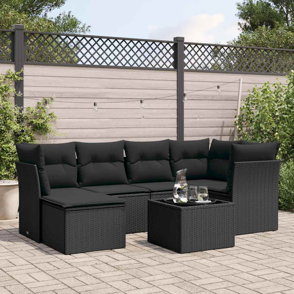 7 Pcs conjunto de sofás p/ jardim c/ almofadões vime PE preto