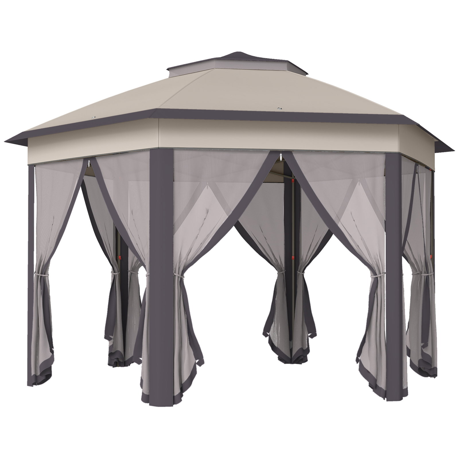 Tenda Dobrável 4x3,4 m Hexagonal com Duplo Teto 6 Mosquiteiras Destacáveis e Saco de Transporte Castanho e Bege