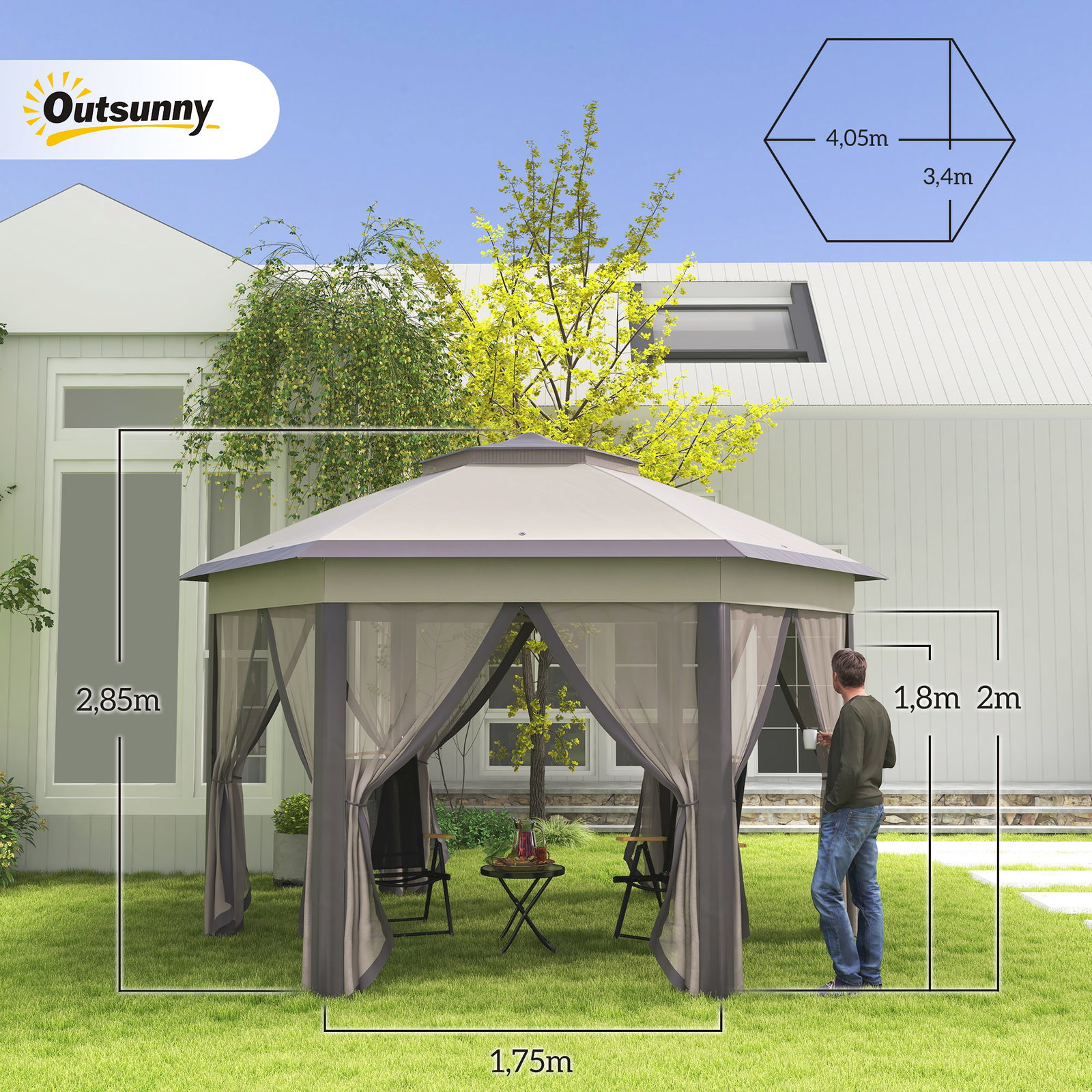 Tenda Dobrável 4x3,4 m Hexagonal com Duplo Teto 6 Mosquiteiras Destacáveis e Saco de Transporte Castanho e Bege