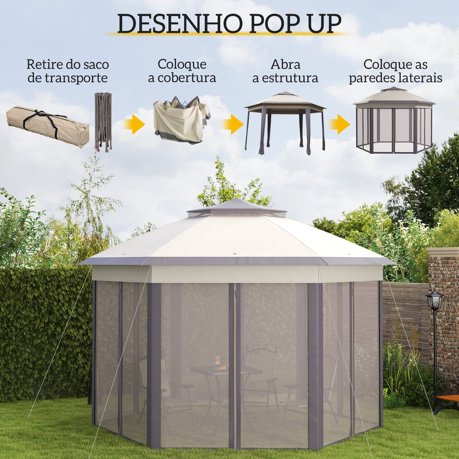 Tenda Dobrável 4x3,4 m Hexagonal com Duplo Teto 6 Mosquiteiras Destacáveis e Saco de Transporte Castanho e Bege