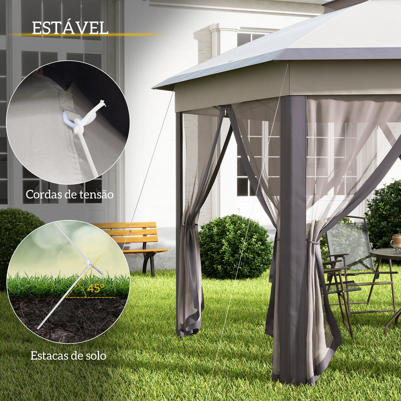 Tenda Dobrável 4x3,4 m Hexagonal com Duplo Teto 6 Mosquiteiras Destacáveis e Saco de Transporte Castanho e Bege