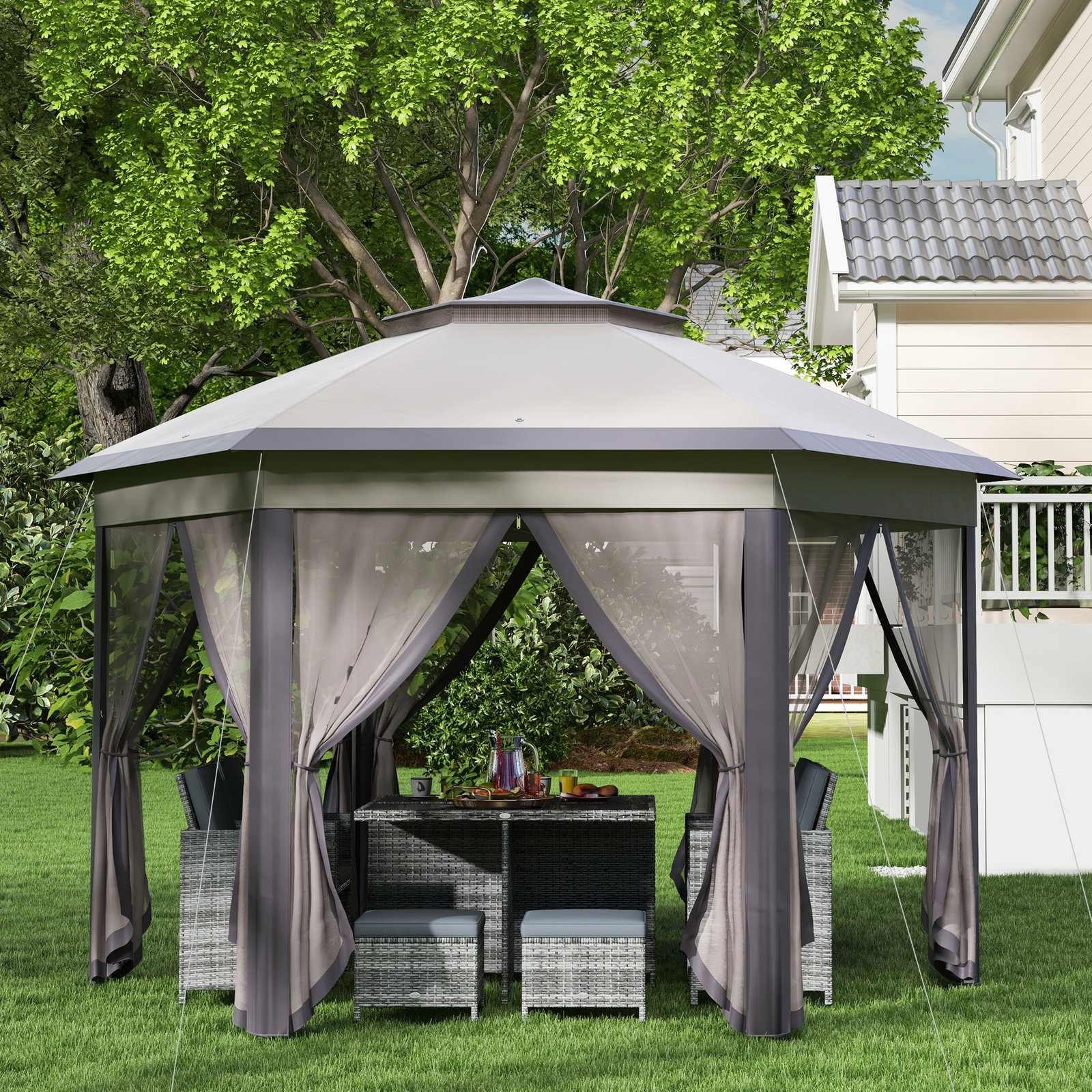 Tenda Dobrável 4x3,4 m Hexagonal com Duplo Teto 6 Mosquiteiras Destacáveis e Saco de Transporte Castanho e Bege