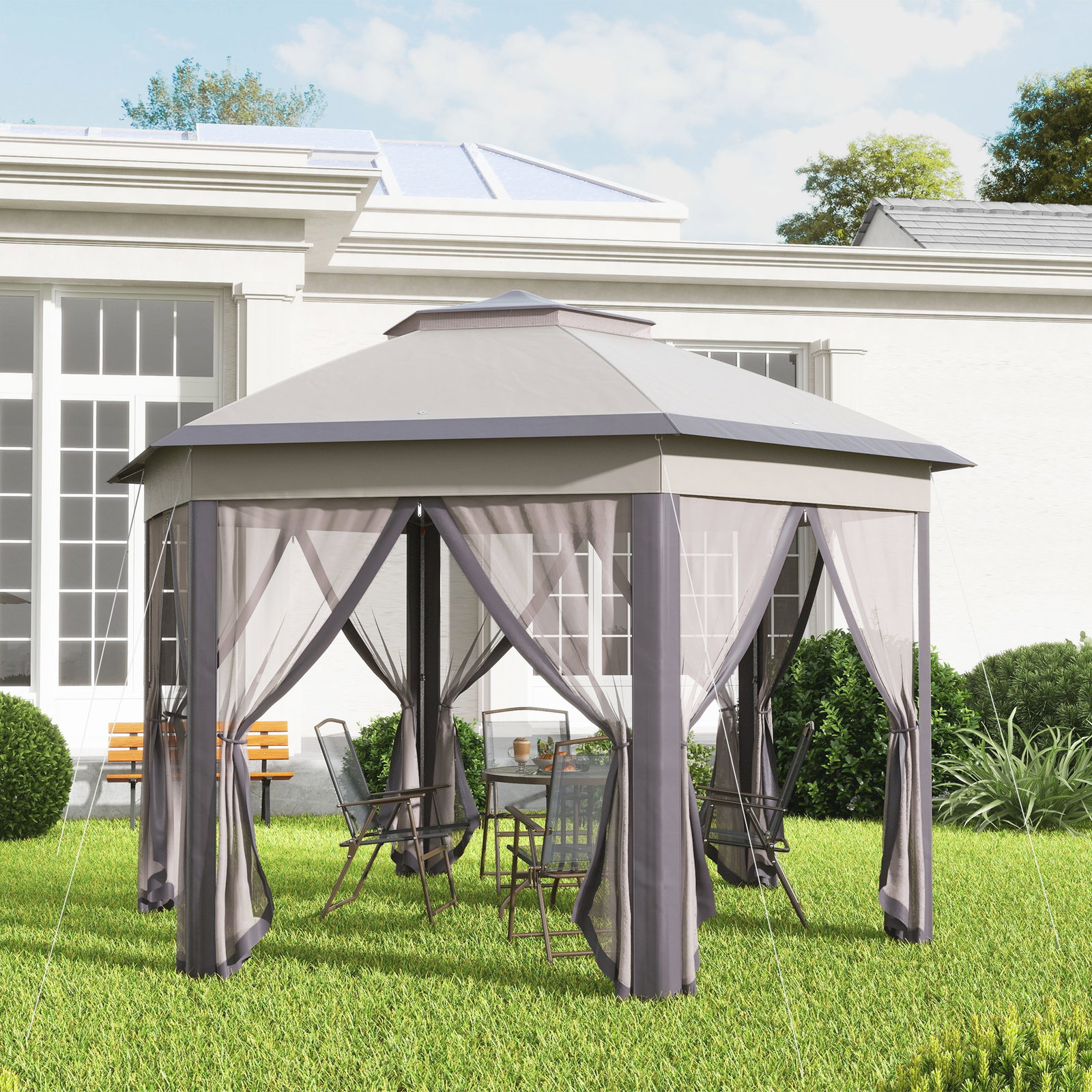 Tenda Dobrável 4x3,4 m Hexagonal com Duplo Teto 6 Mosquiteiras Destacáveis e Saco de Transporte Castanho e Bege