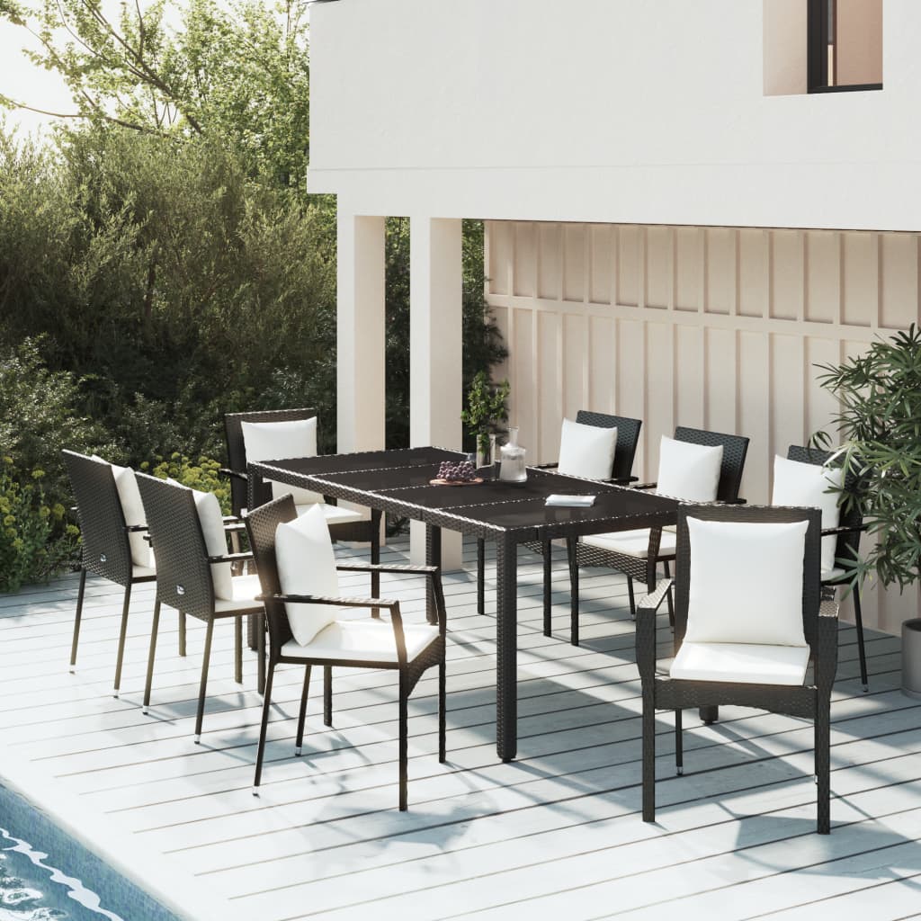 9 Pcs conjunto de jantar p/ jardim c/ almofadões vime PE preto