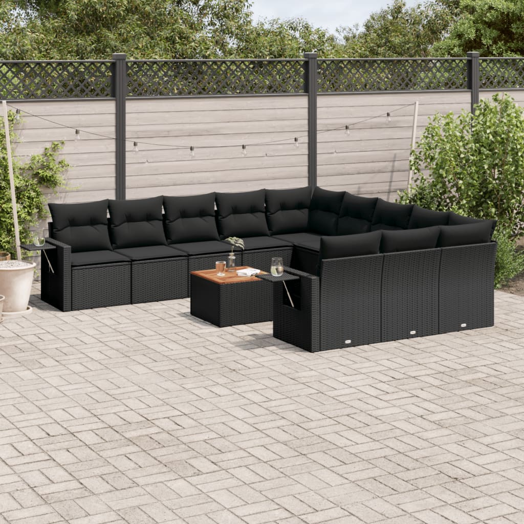 12 Pcs conjunto de sofás de jardim c/ almofadões vime PE preto