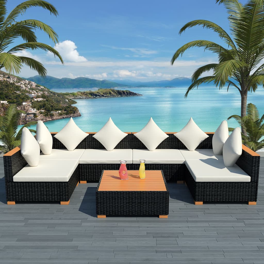 7 Pcs conjunto lounge de jardim c/ almofadões vime PE preto