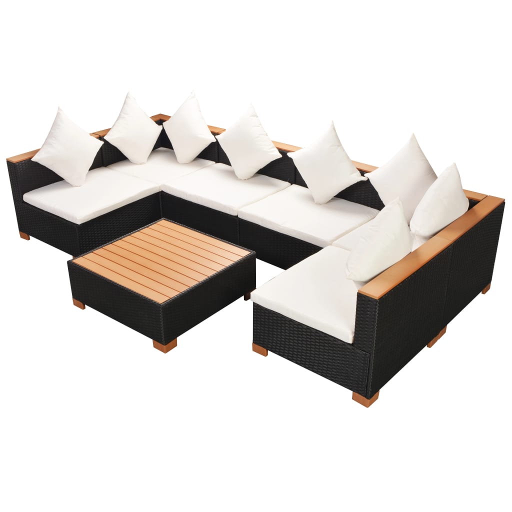 7 Pcs conjunto lounge de jardim c/ almofadões vime PE preto