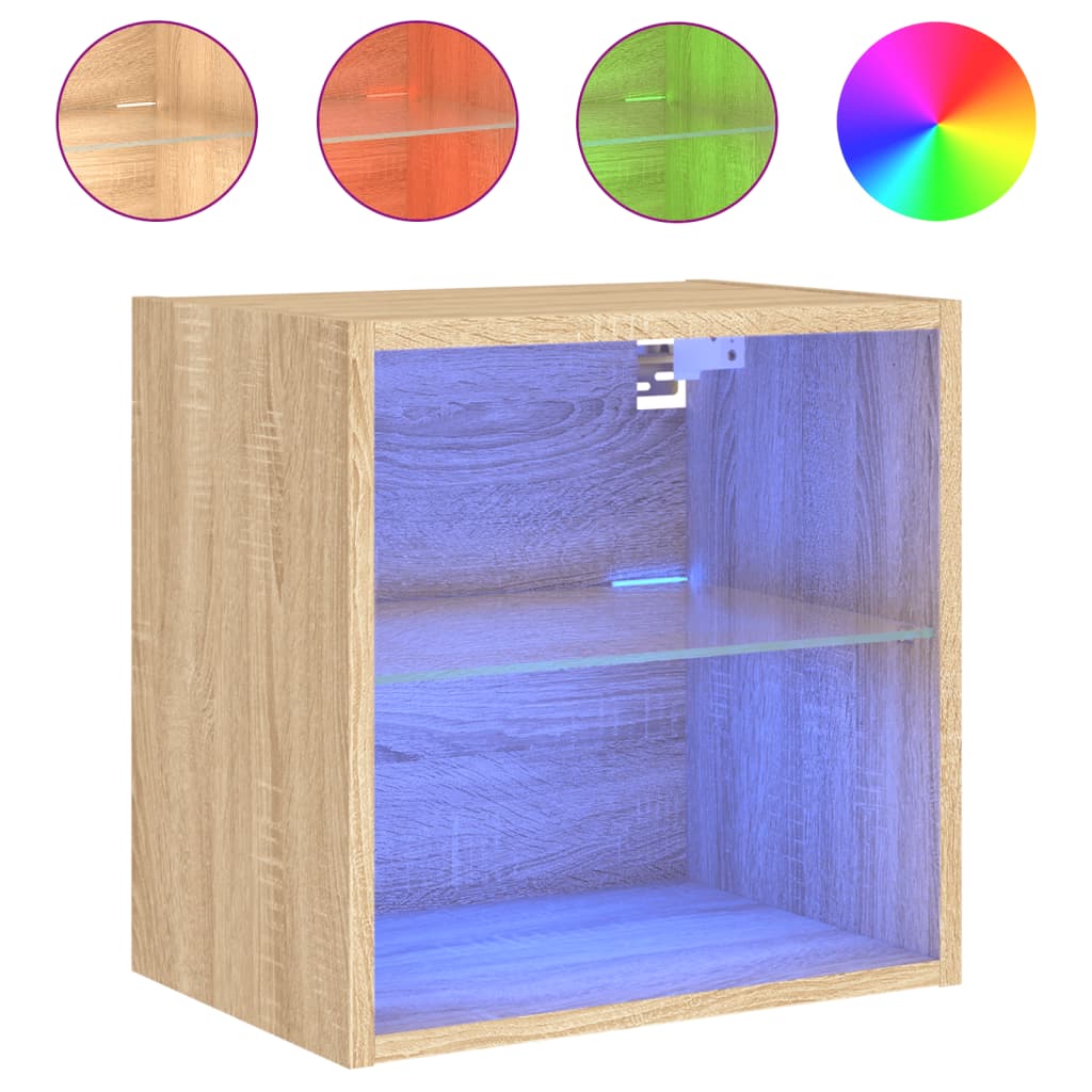 Mesa de cabeceira de parede com luzes LED carvalho sonoma