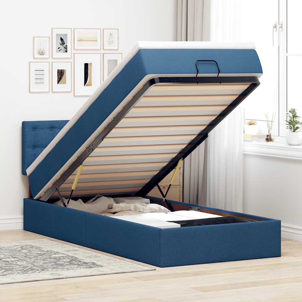 Estrutura de cama otomana com colchão tecido azul 90x190cm